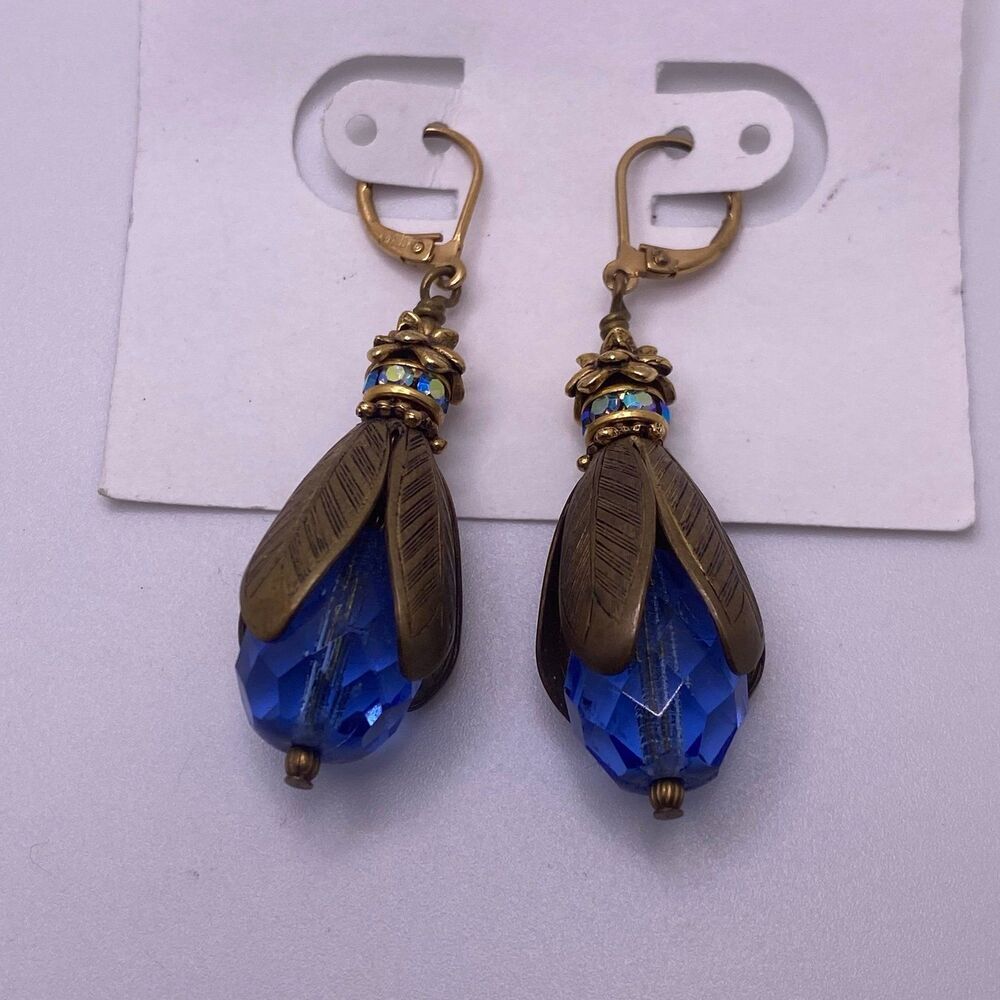 Art Nouveau style 14KGF Earrings With Sapphire Blue faceted Glass drops